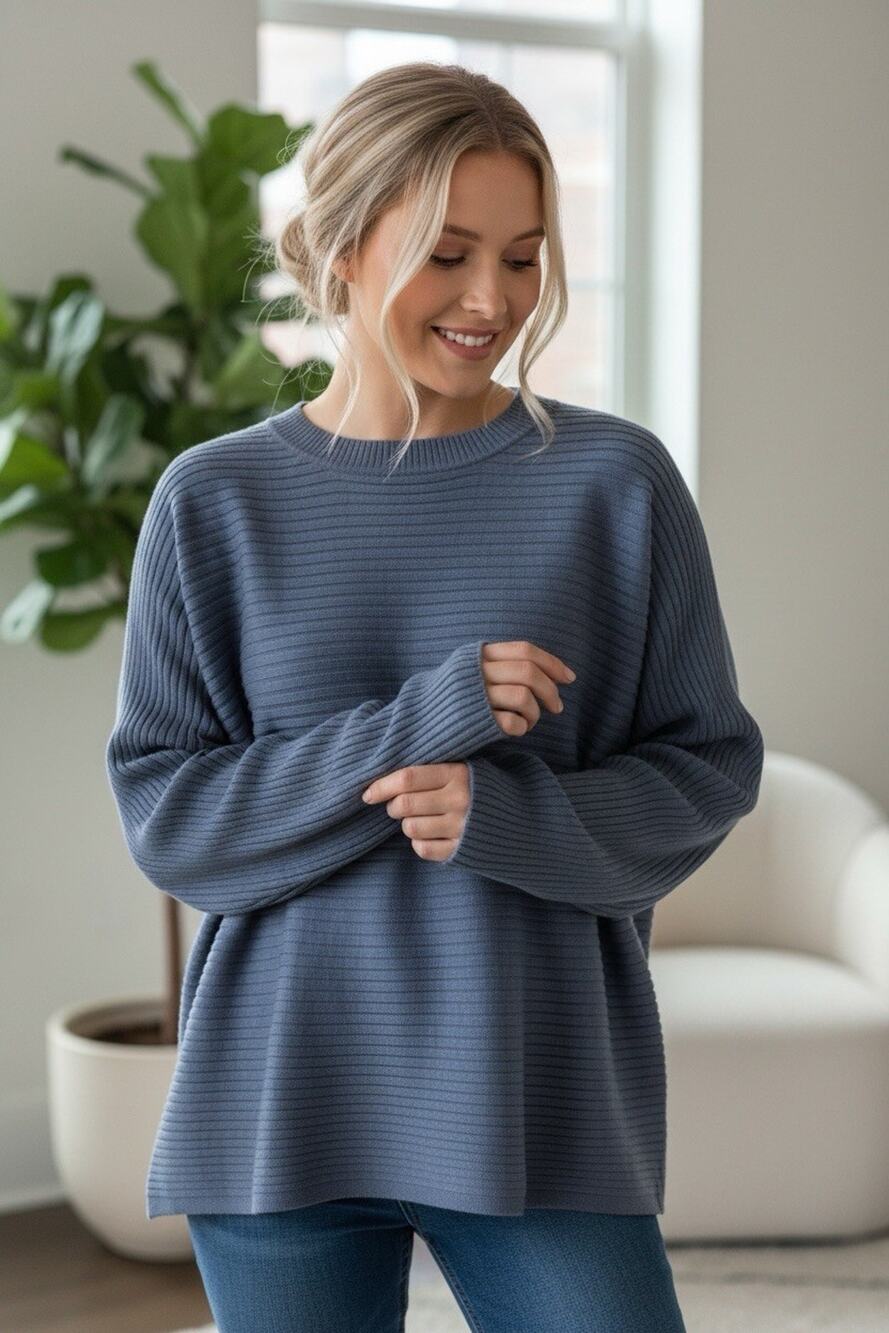 NWT Pink Rose Women's Dropped Shouldder Ribbed Knit Sweater Size L Minimalist